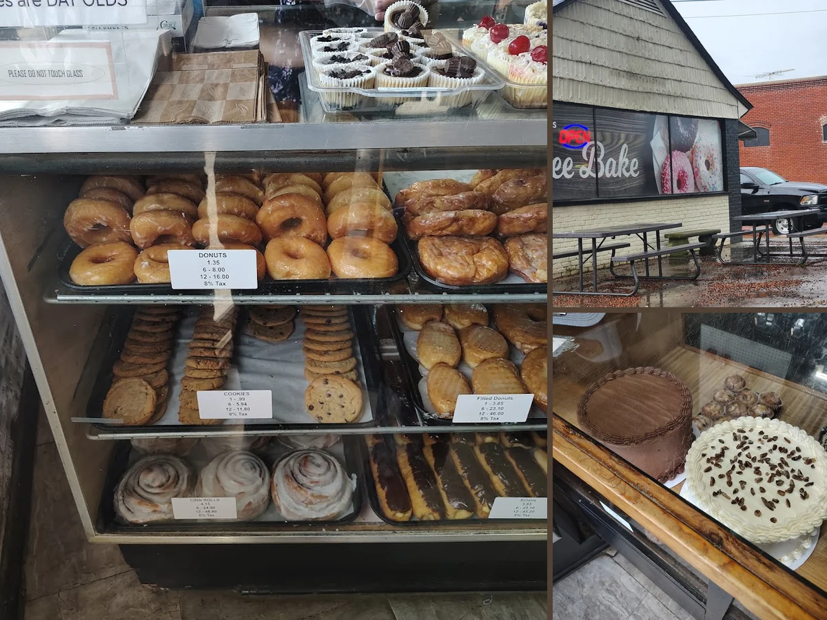 Bakery shelves with sweet treats.