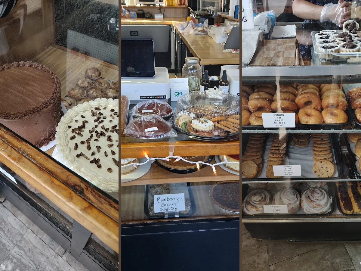 Pastries displayed on a bakery counter.