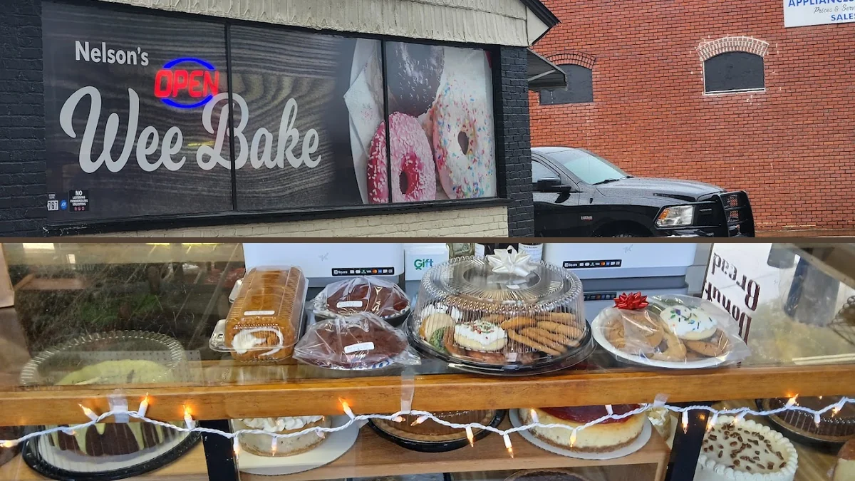 Fresh cakes in a small cafe case.