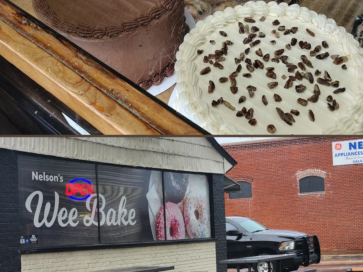 Bakery shelves with sweet treats.