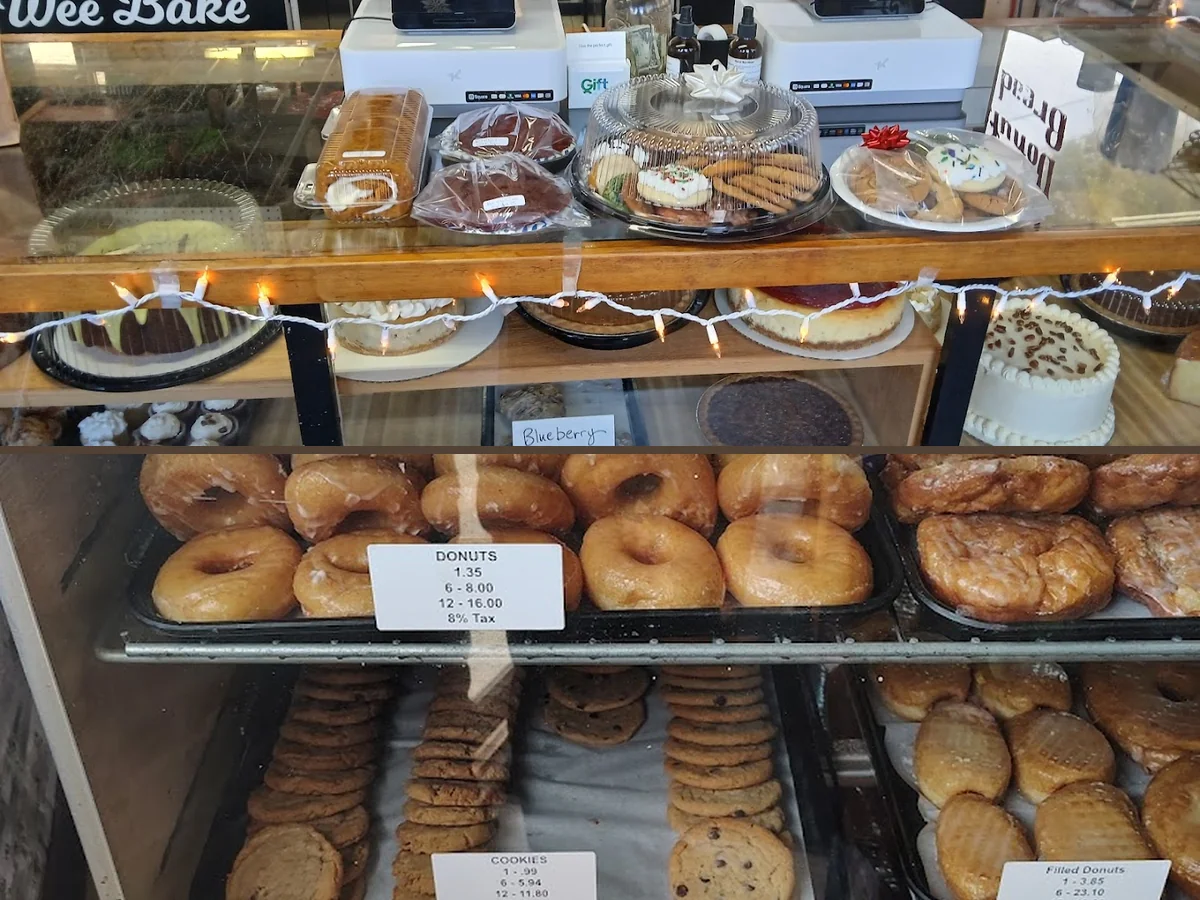 Pastries displayed on a bakery counter.