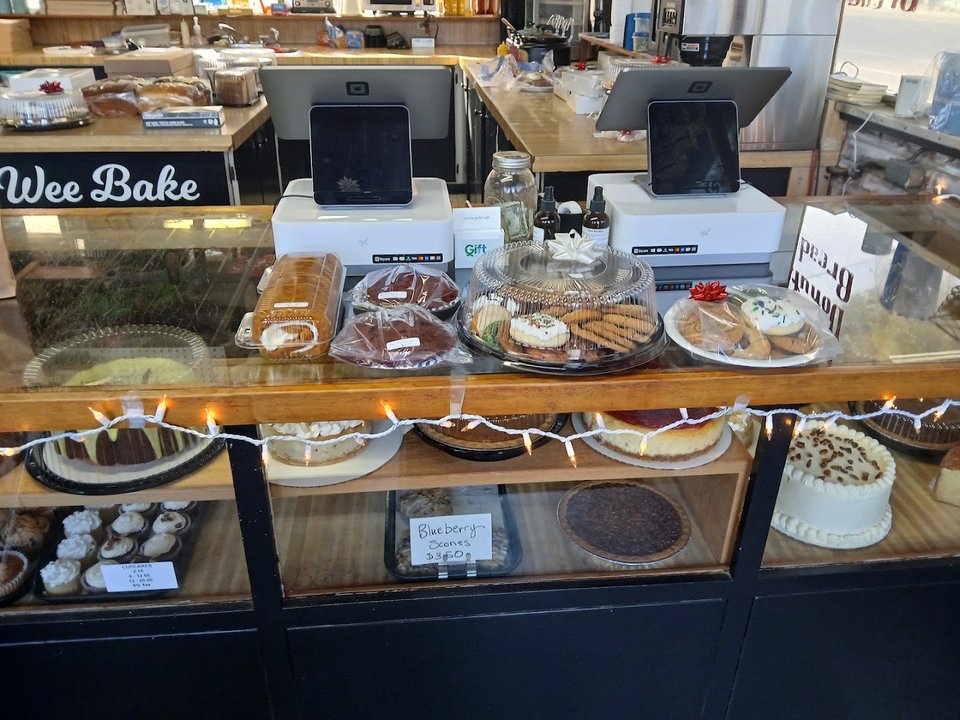 Assorted baked goods on trays.